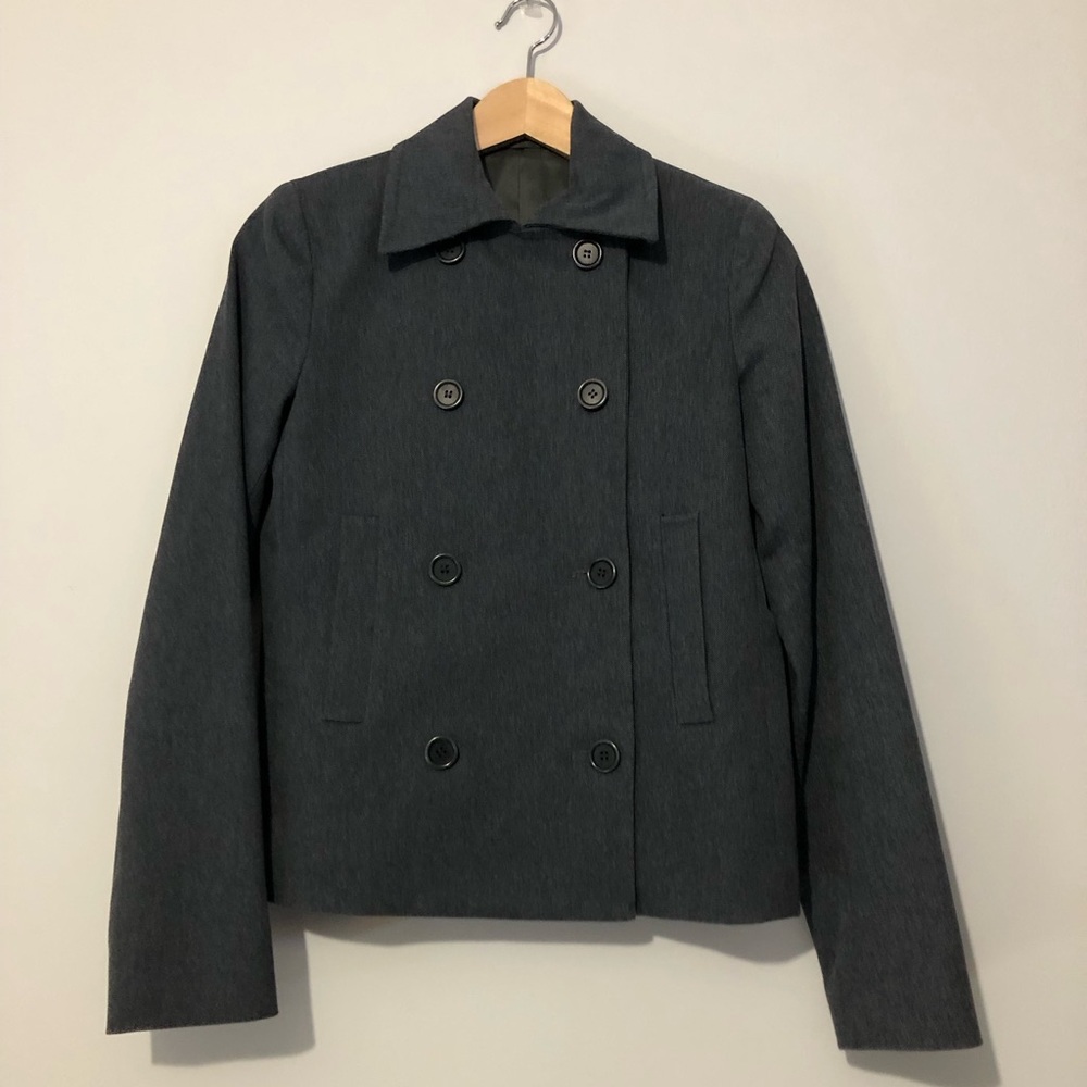 Theory Gray Double-Breasted 2 Piece Jacket Skirt Suit Set Women’s Small Skirt 4 - Picture 3 of 15